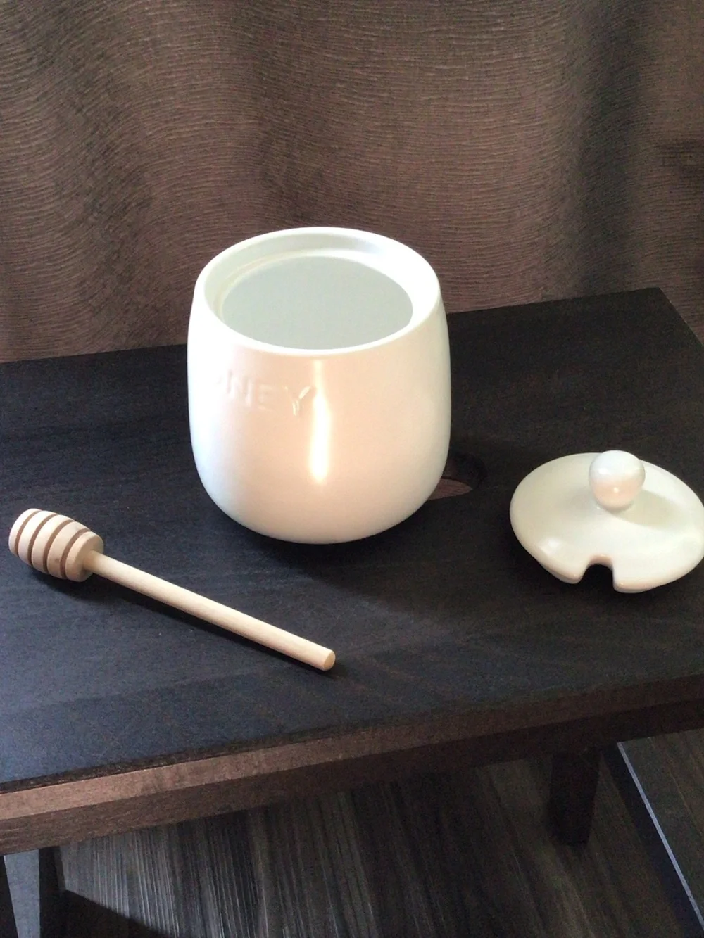 White Ceramic Honey Pot with Wooden Dipper - Classic Kitchen Accessory